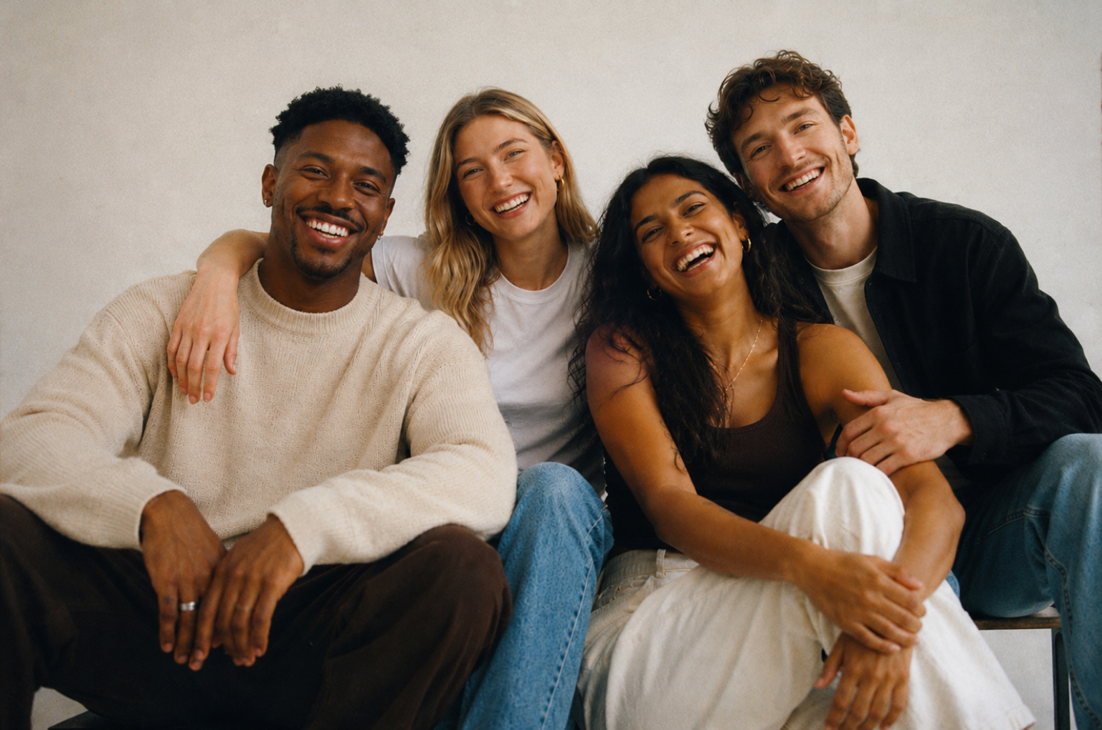 Four friends sitting close together, laughing